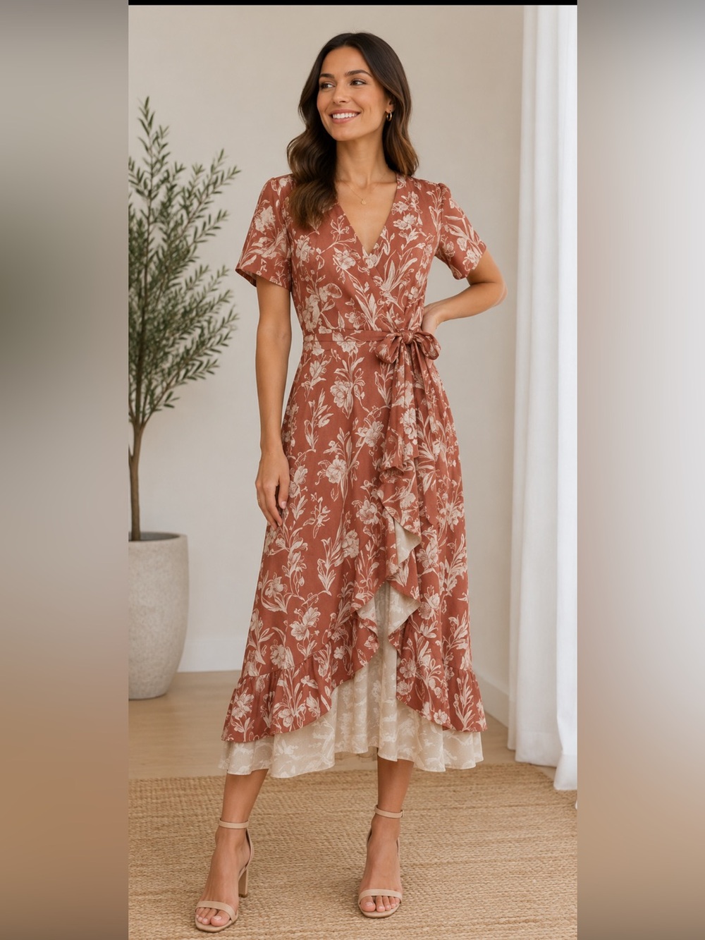 Rust and White Floral Wrap Dress! Excellent condition!